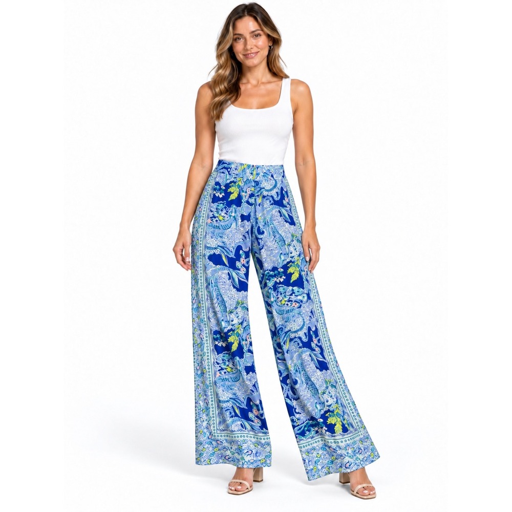 Lilly Pulitzer Palazzo Pants Blue Green Mermaid Print Wide Leg Rayon Small